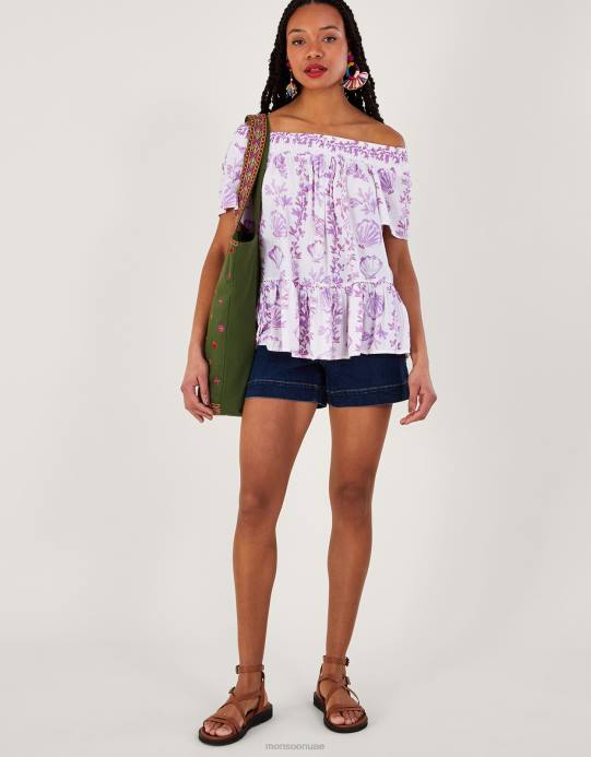 Monsoon نحيف بلوزة بأكمام قصيرة وطبعة صدفة من Lenzing Ecovero D68H277 ملابس لون القرنفل