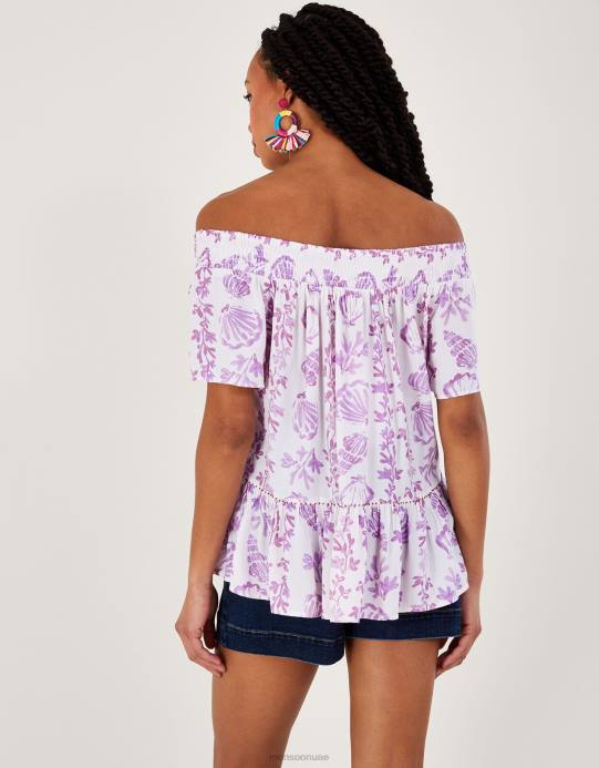 Monsoon نحيف بلوزة بأكمام قصيرة وطبعة صدفة من Lenzing Ecovero D68H277 ملابس لون القرنفل