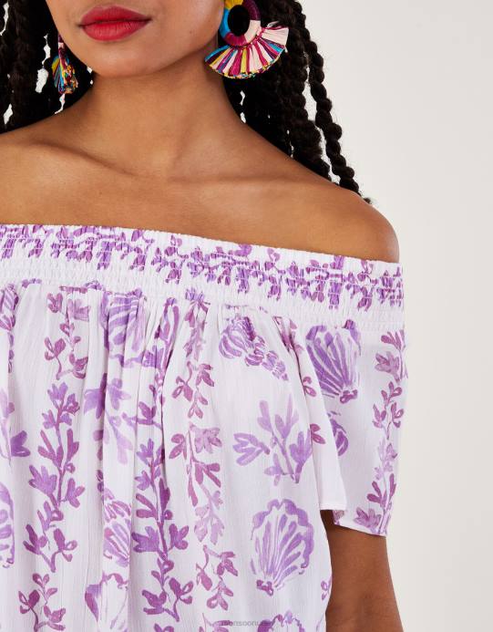 Monsoon نحيف بلوزة بأكمام قصيرة وطبعة صدفة من Lenzing Ecovero D68H277 ملابس لون القرنفل