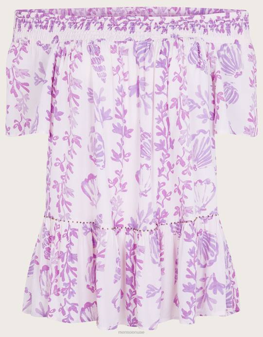 Monsoon نحيف بلوزة بأكمام قصيرة وطبعة صدفة من Lenzing Ecovero D68H277 ملابس لون القرنفل