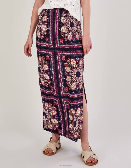 Monsoon نحيف تنورة بطبعة ميدالية وفتحة جانبية من تصميم Lenzing Ecovero D68H2783 ملابس الأزرق الداكن)