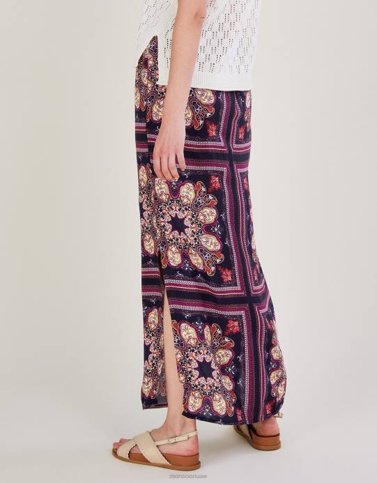 Monsoon نحيف تنورة بطبعة ميدالية وفتحة جانبية من تصميم Lenzing Ecovero D68H2783 ملابس الأزرق الداكن)