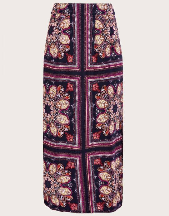 Monsoon نحيف تنورة بطبعة ميدالية وفتحة جانبية من تصميم Lenzing Ecovero D68H2783 ملابس الأزرق الداكن)