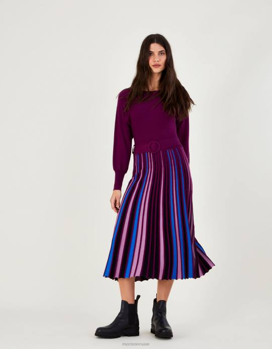 Monsoon نحيف فستان بتنورة بطيات ورقبة مائلة من تصميم Lenzing Ecovero D68H418 ملابس أرجواني