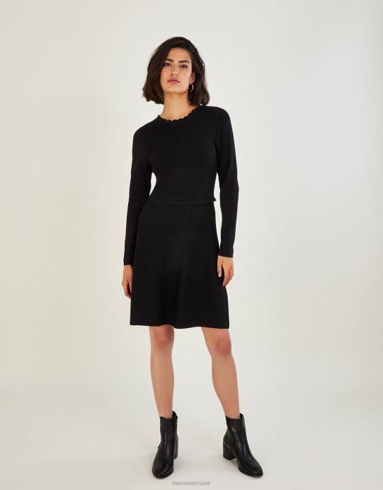 Monsoon نحيف فستان برقبة على شكل صدفة وربطة خلفية من تصميم Lenzing Ecovero D68H489 ملابس أسود