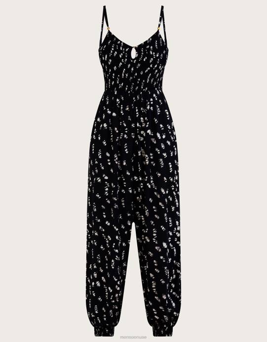 Monsoon نحيف جمبسوت بطبعة الباتيك ومزود بثنيات من Lenzing Ecovero D68H560 ملابس أسود