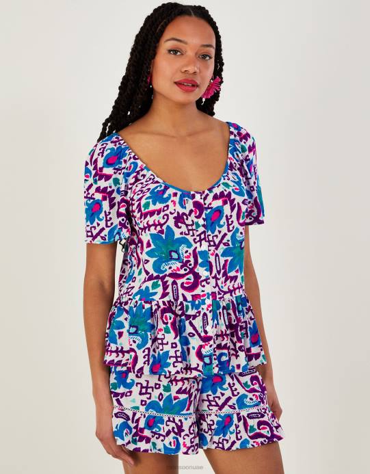 Monsoon نحيف بلوزة بأكمام قصيرة وطبعة زهرة النار من تصميم Lenzing Ecovero D68H591 ملابس أزرق