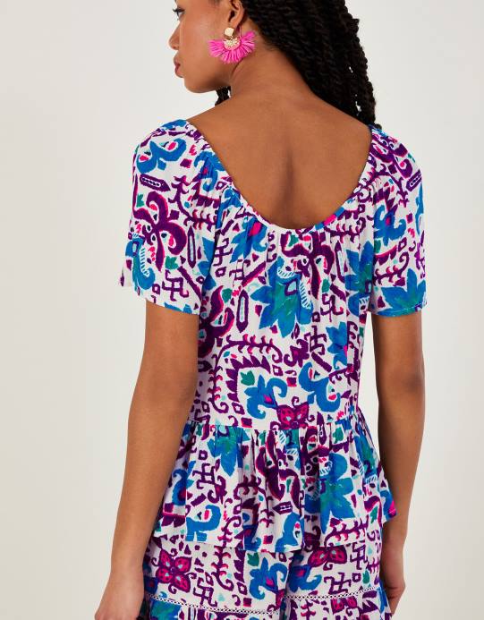 Monsoon نحيف بلوزة بأكمام قصيرة وطبعة زهرة النار من تصميم Lenzing Ecovero D68H591 ملابس أزرق