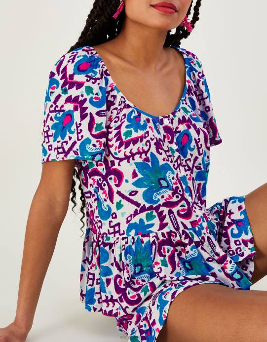 Monsoon نحيف بلوزة بأكمام قصيرة وطبعة زهرة النار من تصميم Lenzing Ecovero D68H591 ملابس أزرق