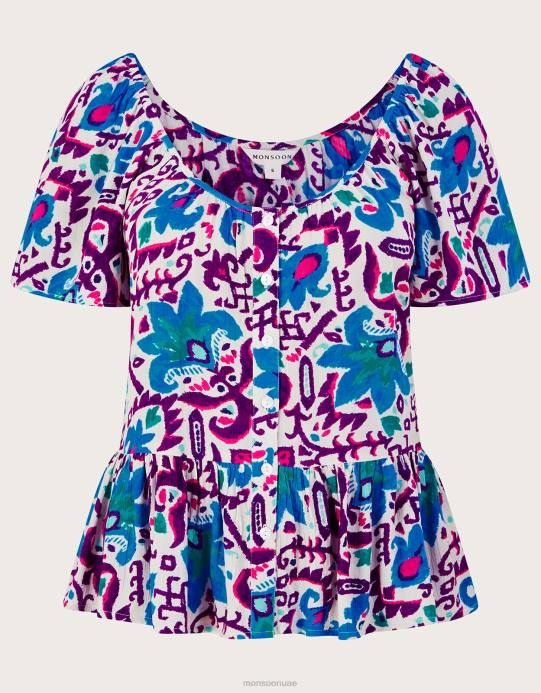 Monsoon نحيف بلوزة بأكمام قصيرة وطبعة زهرة النار من تصميم Lenzing Ecovero D68H591 ملابس أزرق