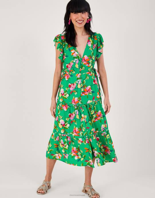 Monsoon نحيف فستان الشاي الزهري من Lilou مصنوع من الفيسكوز المستدام D68H280 ملابس أخضر