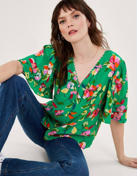 Monsoon نحيف قميص شاي Lilou مصنوع من الفيسكوز المستدام D68H970 ملابس أخضر