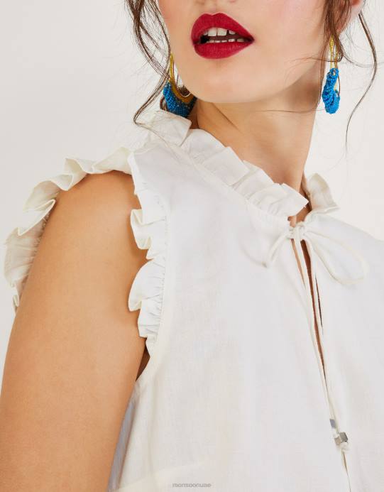 Monsoon نحيف قميص بدون أكمام من Lydie مكشكش من مزيج الكتان D68H544 ملابس عاج