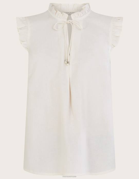 Monsoon نحيف قميص بدون أكمام من Lydie مكشكش من مزيج الكتان D68H544 ملابس عاج