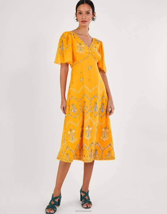 Monsoon نحيف فستان شاي مطرز من Margo من البوليستر المعاد تدويره D68H741 ملابس أصفر