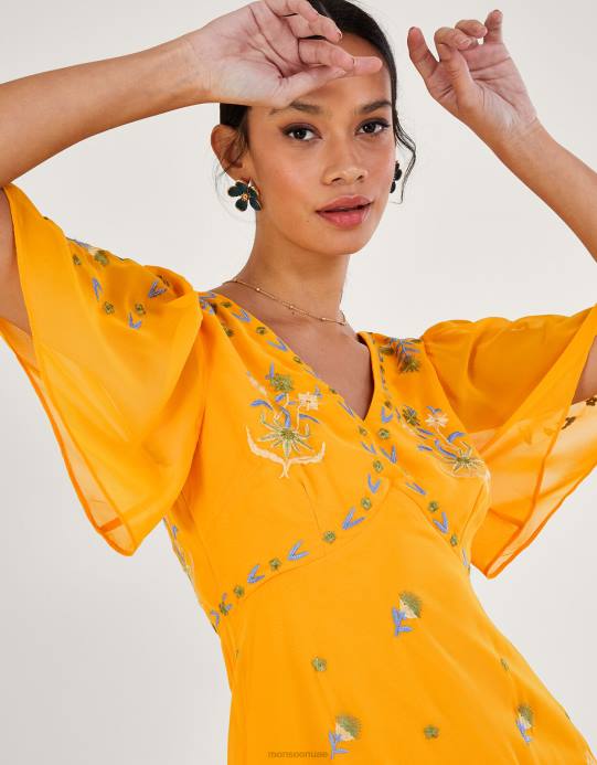 Monsoon نحيف فستان شاي مطرز من Margo من البوليستر المعاد تدويره D68H741 ملابس أصفر