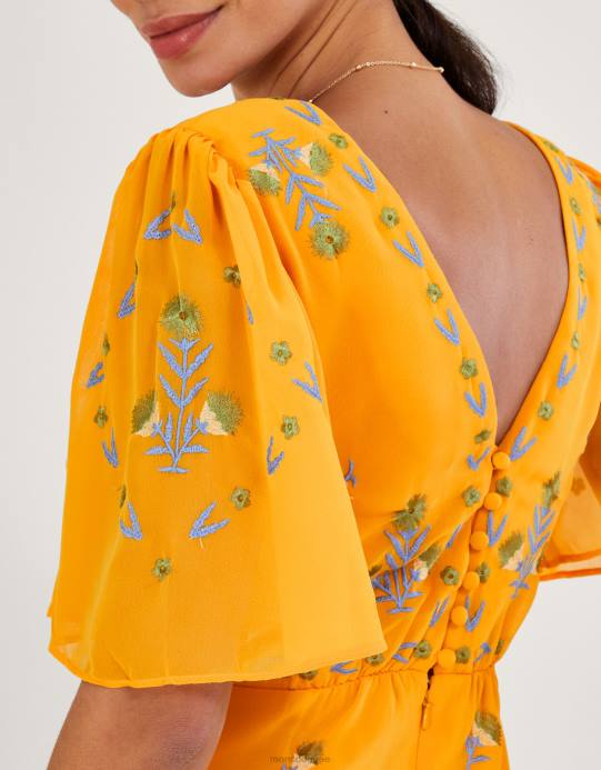 Monsoon نحيف فستان شاي مطرز من Margo من البوليستر المعاد تدويره D68H741 ملابس أصفر