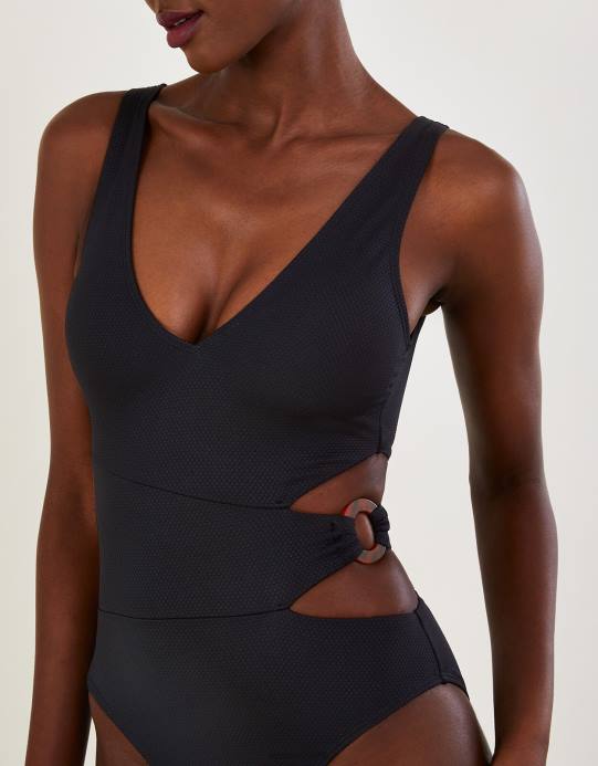 Monsoon نحيف ملابس سباحة سادة بحلقة على شكل حرف O مع بوليستر معاد تدويره D68H371 ملابس أسود