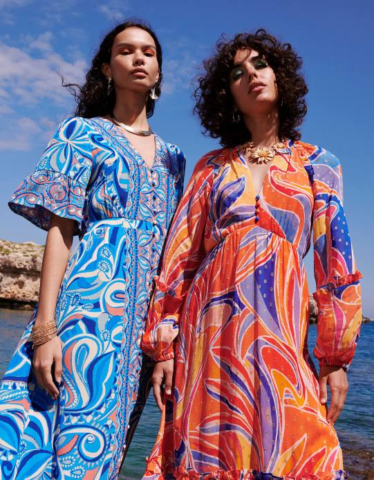 Monsoon نحيف فستان Raegan بطباعة متباينة مع Lenzing Ecovero D68H415 ملابس أزرق