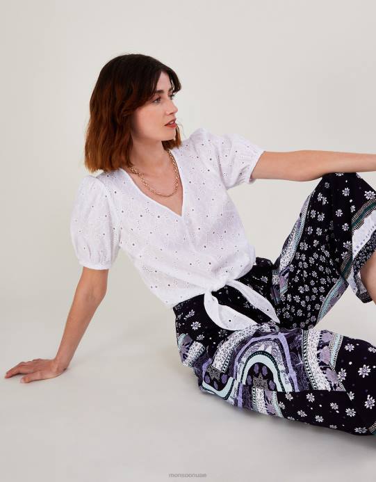 Monsoon نحيف بلوزة Schiffli بربطة عنق من القطن المستدام D68H1020 ملابس أبيض