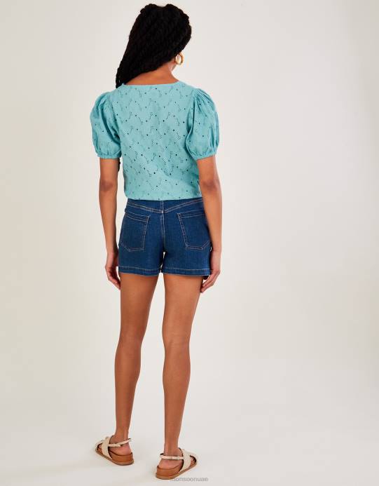 Monsoon نحيف بلوزة Schiffli بربطة عنق من القطن المستدام D68H840 ملابس أزرق