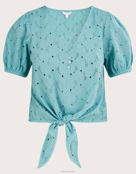 Monsoon نحيف بلوزة Schiffli بربطة عنق من القطن المستدام D68H840 ملابس أزرق