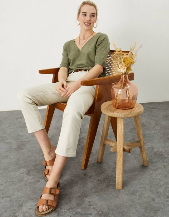 Monsoon نحيف تي شيرت برقبة على شكل حرف V مصنوع من مزيج الكتان D68H1072 ملابس الأخضر (الكاكي)