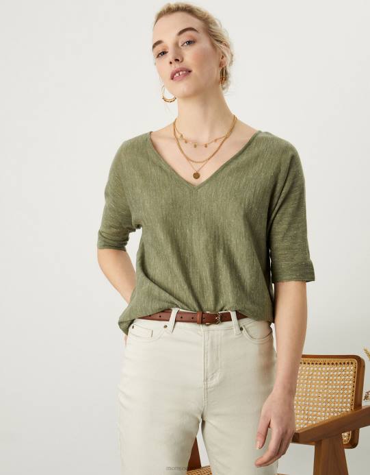 Monsoon نحيف تي شيرت برقبة على شكل حرف V مصنوع من مزيج الكتان D68H1072 ملابس الأخضر (الكاكي)