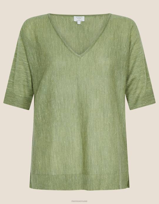 Monsoon نحيف تي شيرت برقبة على شكل حرف V مصنوع من مزيج الكتان D68H1072 ملابس الأخضر (الكاكي)