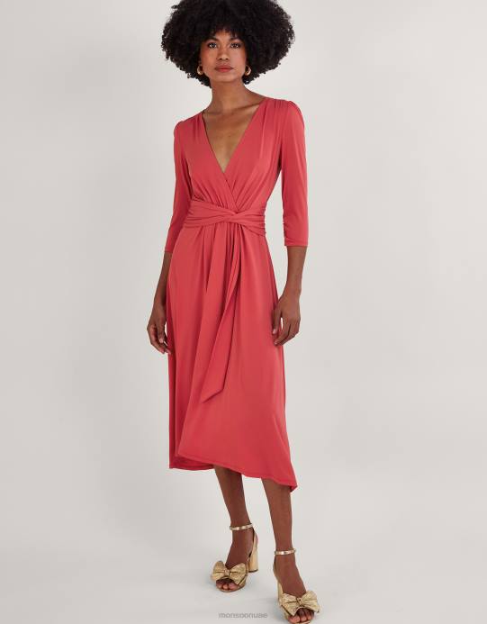 Monsoon نحيف فستان جيرسي ملفوف من الأمام برقبة على شكل حرف V مصنوع من البوليستر المعاد تدويره D68H594 ملابس لون القرنفل