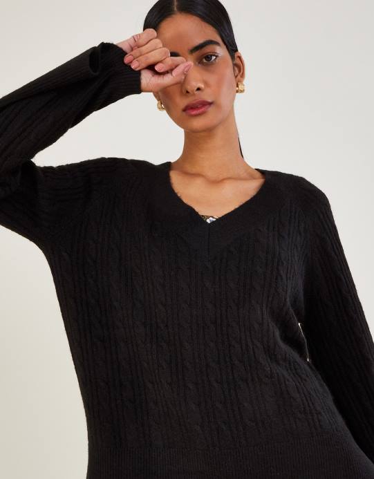 Monsoon نحيف سترة طويلة برقبة على شكل حرف V مصنوعة من البوليستر المعاد تدويره D68H606 ملابس أسود