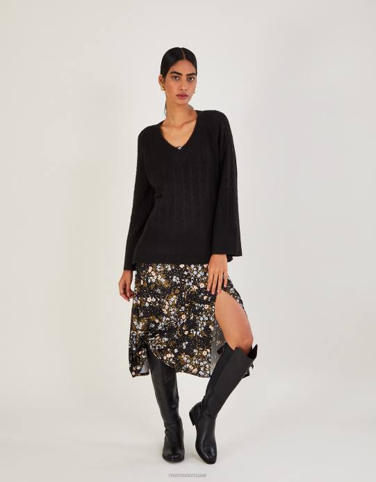 Monsoon نحيف سترة طويلة برقبة على شكل حرف V مصنوعة من البوليستر المعاد تدويره D68H606 ملابس أسود