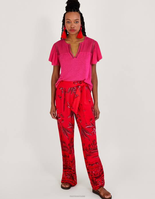 Monsoon نحيف بلوزة منسوجة برقبة على شكل حرف V من مزيج الكتان D68H677 ملابس لون القرنفل