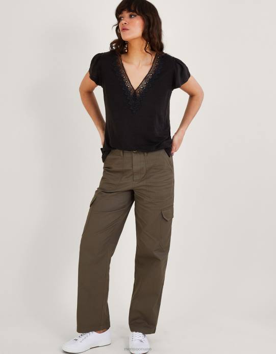 Monsoon نحيف بلوزة بأكمام قصيرة ورقبة على شكل حرف V من مزيج الكتان D68H798 ملابس أسود