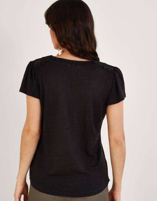 Monsoon نحيف بلوزة بأكمام قصيرة ورقبة على شكل حرف V من مزيج الكتان D68H798 ملابس أسود