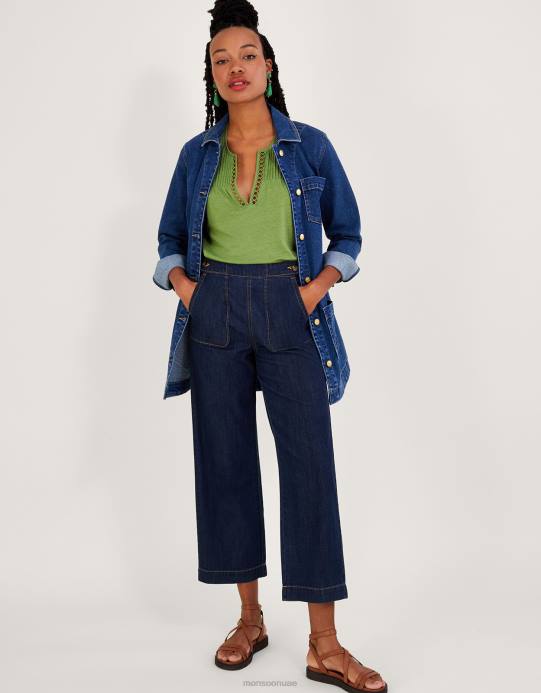 Monsoon نحيف بلوزة منسوجة برقبة على شكل حرف V من مزيج الكتان D68H819 ملابس أخضر