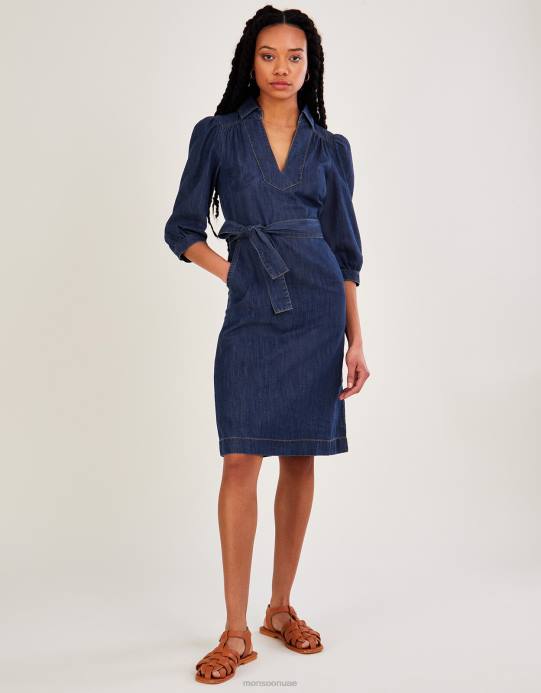Monsoon نحيف فستان ميدي من الدنيم برقبة على شكل حرف V وحزام D68H863 ملابس الأزرق (الدنيم الأزرق)