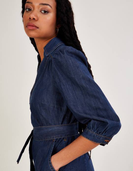 Monsoon نحيف فستان ميدي من الدنيم برقبة على شكل حرف V وحزام D68H863 ملابس الأزرق (الدنيم الأزرق)