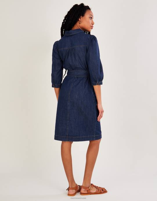 Monsoon نحيف فستان ميدي من الدنيم برقبة على شكل حرف V وحزام D68H863 ملابس الأزرق (الدنيم الأزرق)