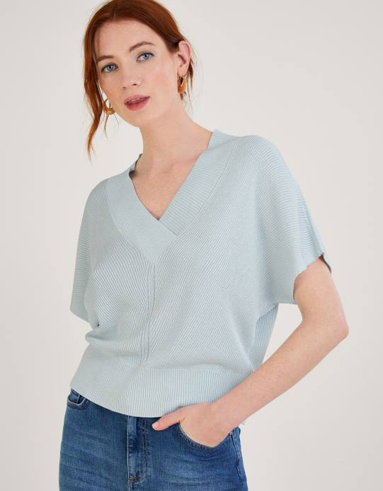 Monsoon نحيف سترة معدنية فضفاضة بأكمام قصيرة ورقبة على شكل حرف V D68H888 ملابس أزرق