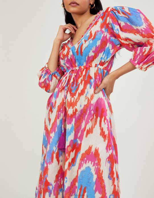 Monsoon نحيف فستان ماكسي بطبعات ikat من القطن المستدام D68H1042 ملابس لون القرنفل