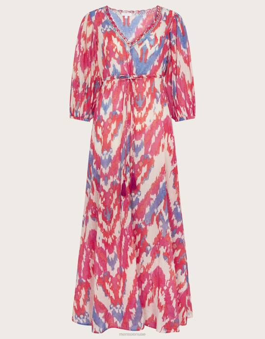 Monsoon نحيف فستان ماكسي بطبعات ikat من القطن المستدام D68H1042 ملابس لون القرنفل