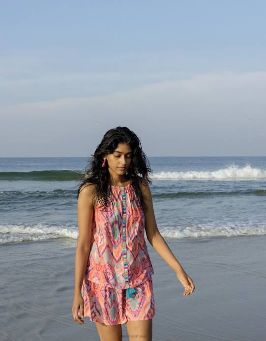 Monsoon نحيف بلوزة كامي بشريط مطبوع من ikat في لينزينج إيكوفيرو D68H732 ملابس برتقالي (مرجاني)