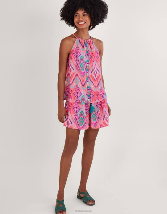 Monsoon نحيف بلوزة كامي بشريط مطبوع من ikat في لينزينج إيكوفيرو D68H732 ملابس برتقالي (مرجاني)