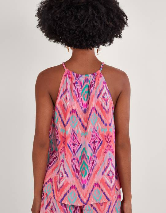 Monsoon نحيف بلوزة كامي بشريط مطبوع من ikat في لينزينج إيكوفيرو D68H732 ملابس برتقالي (مرجاني)