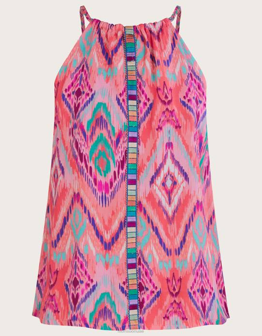 Monsoon نحيف بلوزة كامي بشريط مطبوع من ikat في لينزينج إيكوفيرو D68H732 ملابس برتقالي (مرجاني)