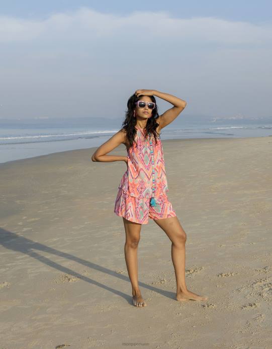 Monsoon نحيف شورت بشريط مطبوع من ikat في لينزينغ إيكوفيرو D68H879 ملابس برتقالي (مرجاني)