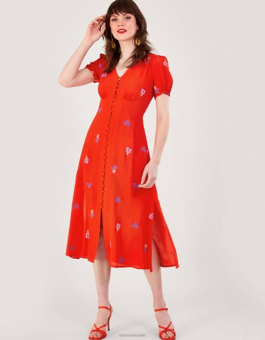 Monsoon نحيف فستان شاي مطرز من تصميم ollie مصنوع من الفيسكوز المستدام D68H918 ملابس البرتقالي