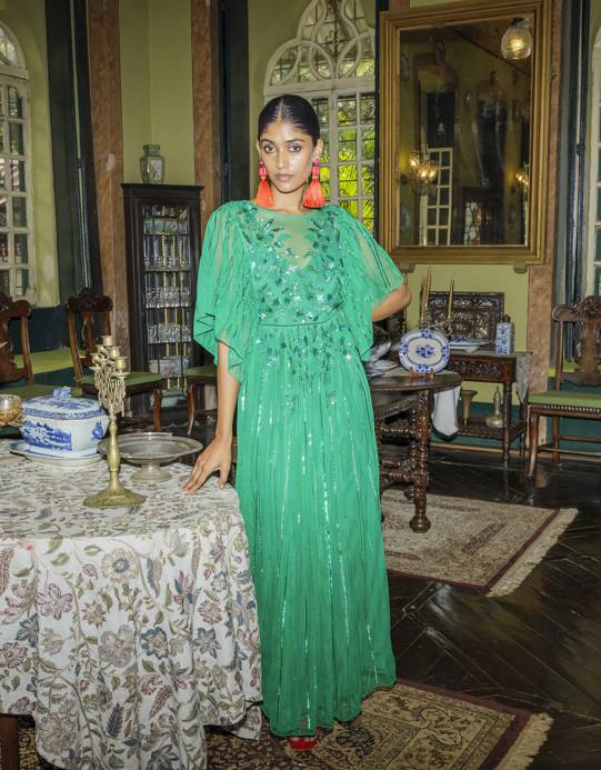 Monsoon نحيف فستان طويل مزين من تصميم ottilie من البوليستر المعاد تدويره D68H1181 ملابس أخضر