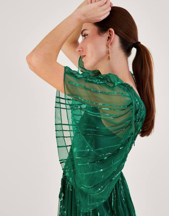 Monsoon نحيف فستان طويل مزين من تصميم ottilie من البوليستر المعاد تدويره D68H1181 ملابس أخضر